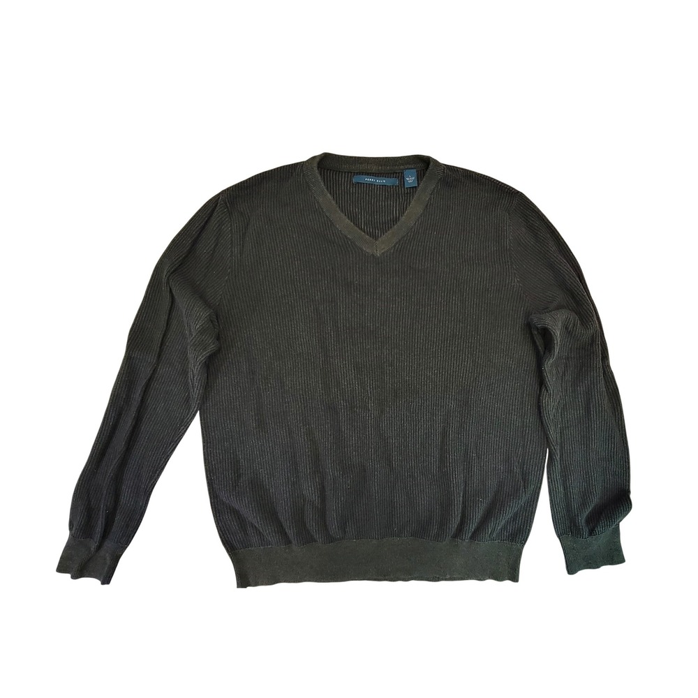 Perry Ellis Men's Dark Green V Neck Ribbed Knit Long Sleeve Sweater‎ L